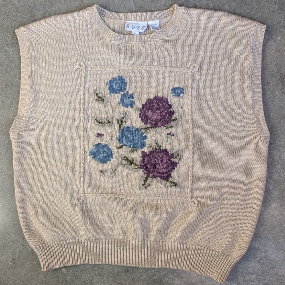 Vintage Knit Sweater Vest Wool Blend Size Large Floral Cottagecore Grandmacore